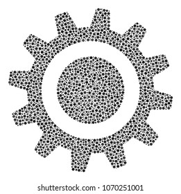 Cog mosaic of dots in various sizes and color tints. Small circles are combined into cog vector composition. Dotted vector design concept.