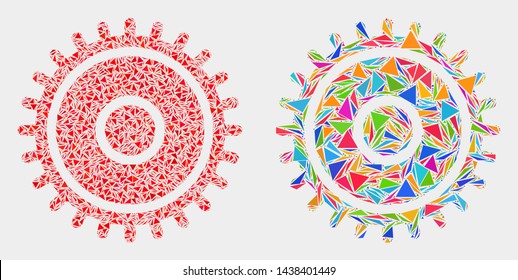 Cog mosaic icon of triangle items which have various sizes and shapes and colors. Geometric abstract vector illustration of cog. Scattered triangle items are composed into bright colored cog shape.