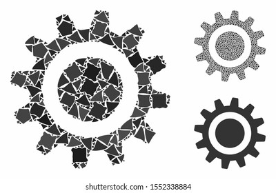 Cog mosaic of ragged items in different sizes and color tinges, based on cog icon. Vector rugged items are organized into mosaic. Cog icons collage with dotted pattern.