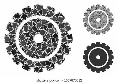 Cog mosaic of ragged pieces in variable sizes and color hues, based on cog icon. Vector ragged dots are organized into collage. Cog icons collage with dotted pattern.