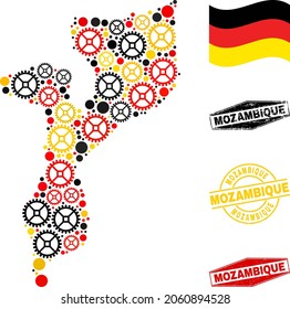 Cog Mozambique map collage and stamps. Vector collage is created from repair workshop items in variable sizes, and German flag official colors - red, yellow, black.
