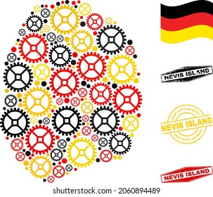 Cog Nevis Island map collage and seals. Vector collage created with industrial icons in various sizes, and German flag official colors - red, yellow, black.