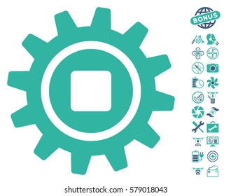 Cog pictograph with bonus copter service design elements. Vector illustration style is flat iconic cobalt and cyan symbols on white background.