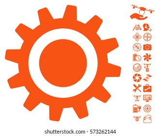 Cog pictograph with bonus copter tools design elements. Vector illustration style is flat iconic orange symbols on white background.