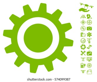 Cog pictograph with bonus drone tools design elements. Vector illustration style is flat iconic eco green symbols on white background.
