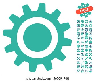 Cog pictograph with bonus tools pictograph collection. Vector illustration style is flat iconic cobalt and cyan symbols on white background.