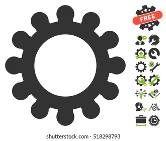Cog pictograph with bonus tools design elements. Vector illustration style is flat iconic eco green and gray symbols on white background.
