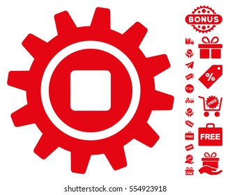 Cog pictograph with free bonus pictograph collection. Vector illustration style is flat iconic symbols, red color, white background.
