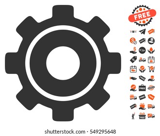 Cog pictograph with free bonus icon set. Vector illustration style is flat iconic symbols, orange and gray colors, white background.