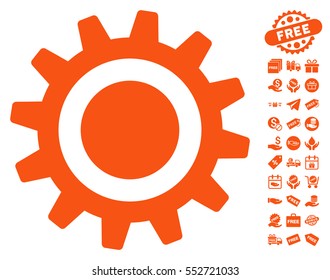 Cog pictograph with free bonus images. Vector illustration style is flat iconic symbols, orange color, white background.