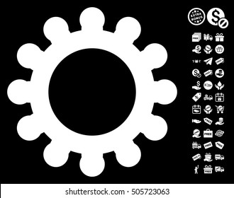 Cog pictograph with free bonus pictures. Vector illustration style is flat iconic symbols, white color, black background.