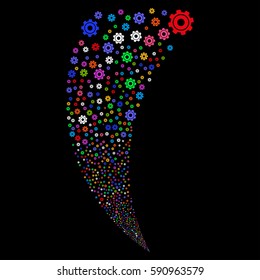 Cog random fireworks stream. Vector illustration style is flat bright multicolored iconic symbols on a black background. Object fountain combined from scattered pictograms.