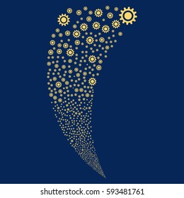 Cog random fireworks stream. Vector illustration style is flat yellow iconic symbols on a blue background. Object fountain created from scattered pictograms.