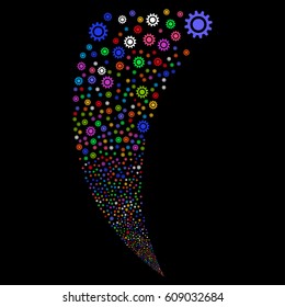 Cog random fireworks stream. Vector illustration style is flat bright multicolored iconic symbols on a black background. Object fountain combined from scattered pictograms.