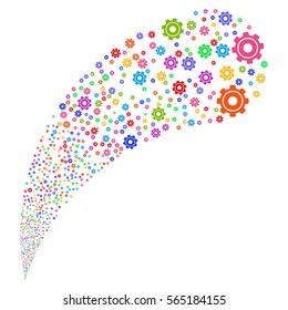 Cog random source stream. Vector illustration style is flat bright multicolored iconic symbols on a white background. Object fountain created from symbols.
