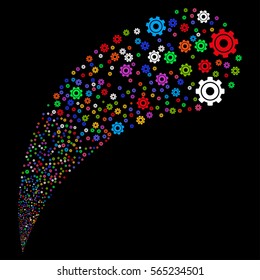 Cog random source stream. Vector illustration style is flat bright multicolored iconic symbols on a black background. Object fountain organized from pictographs.