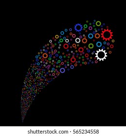 Cog random source stream. Vector illustration style is flat bright multicolored iconic symbols on a black background. Object fountain done from pictograms.
