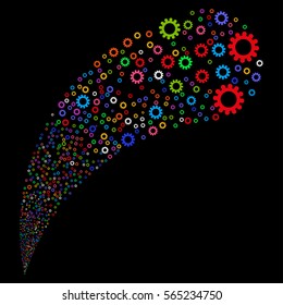 Cog random source stream. Vector illustration style is flat bright multicolored iconic symbols on a black background. Object fountain created from icons.