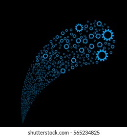 Cog random source stream. Vector illustration style is flat blue iconic symbols on a black background. Object fountain organized from icons.