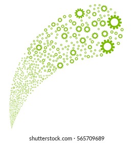 Cog random source stream. Vector illustration style is flat eco green iconic symbols on a white background. Object fountain constructed from icons.