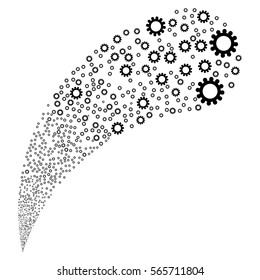 Cog random source stream. Vector illustration style is flat black iconic symbols on a white background. Object fountain created from design elements.