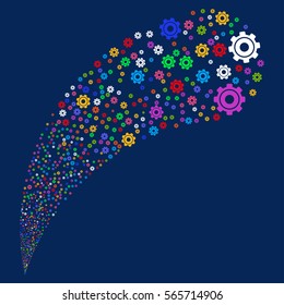 Cog random source stream. Vector illustration style is flat bright multicolored iconic symbols on a blue background. Object fountain combined from symbols.