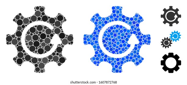 Cog rotation direction composition of filled circles in various sizes and color hues, based on cog rotation direction icon. Vector random circles are united into blue composition.