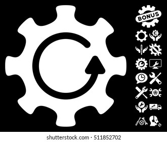 Cog Rotation Direction icon with bonus options pictograph collection. Vector illustration style is flat iconic white symbols on black background.