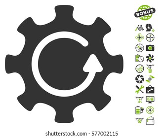 Cog Rotation Direction icon with bonus uav service symbols. Vector illustration style is flat iconic eco green and gray symbols on white background.