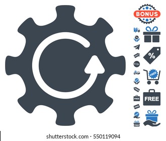 Cog Rotation Direction icon with free bonus design elements. Vector illustration style is flat iconic symbols, smooth blue colors, white background.