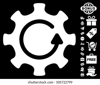 Cog Rotation Direction pictograph with free bonus design elements. Vector illustration style is flat iconic symbols, white color, black background.