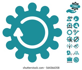 Cog Rotation pictograph with bonus tools images. Vector illustration style is flat iconic soft blue symbols on white background.