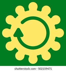 Cog Rotation vector icon. Style is flat graphic symbol, yellow color, green background.