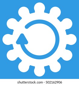 Cog Rotation vector pictograph. Style is flat graphic symbol, white color, blue background.