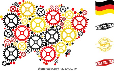 Cog Salamanca Province map mosaic and seals. Vector collage is designed from cog elements in different sizes, and German flag official colors - red, yellow, black.