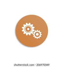 Cog settings icon isolated on white background. Two white gears on light brown button. Vector Illustration.
