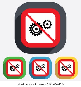 Cog settings sign icon. Cogwheel gear mechanism symbol. Red square prohibition sign. Stop flat symbol. Vector