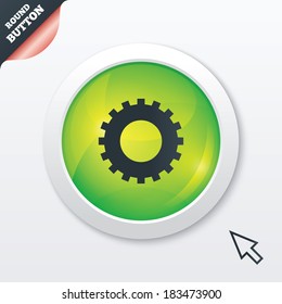 Cog settings sign icon. Cogwheel gear mechanism symbol. Green shiny button. Modern UI website button with mouse cursor pointer. Vector