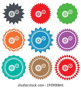 Cog settings sign icon. Cogwheel gear mechanism symbol. Stars stickers. Certificate emblem labels. Vector