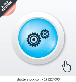 Cog settings sign icon. Cogwheel gear mechanism symbol. Blue shiny button. Modern UI website button with hand cursor pointer. Vector