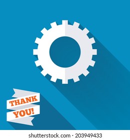 Cog settings sign icon. Cogwheel gear mechanism symbol. White flat icon with long shadow. Paper ribbon label with Thank you text. Vector