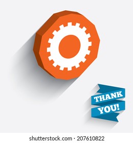 Cog settings sign icon. Cogwheel gear mechanism symbol. White icon on orange 3D piece of wall. Carved in stone with long flat shadow. Vector