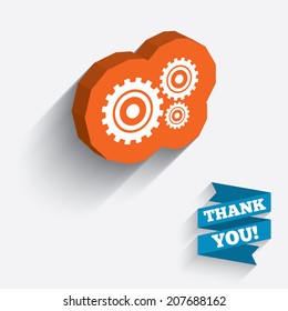 Cog settings sign icon. Cogwheel gear mechanism symbol. White icon on orange 3D piece of wall. Carved in stone with long flat shadow. Vector