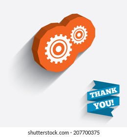 Cog settings sign icon. Cogwheel gear mechanism symbol. White icon on orange 3D piece of wall. Carved in stone with long flat shadow. Vector