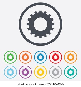 Cog settings sign icon. Cogwheel gear mechanism symbol. Round circle buttons with frame. Vector