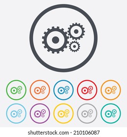 Cog settings sign icon. Cogwheel gear mechanism symbol. Round circle buttons with frame. Vector