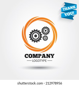 Cog settings sign icon. Cogwheel gear mechanism symbol. Business abstract circle logo. Logotype with Thank you ribbon. Vector