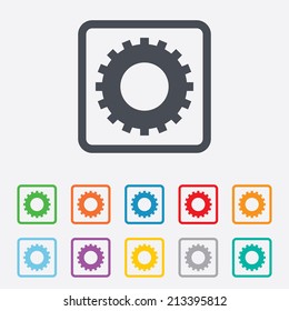 Cog settings sign icon. Cogwheel gear mechanism symbol. Round squares buttons with frame. Vector