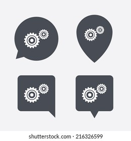 Cog settings sign icon. Cogwheel gear mechanism symbol. Map pointers information buttons. Speech bubbles with icons. Vector