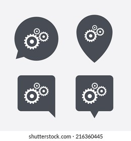 Cog settings sign icon. Cogwheel gear mechanism symbol. Map pointers information buttons. Speech bubbles with icons. Vector
